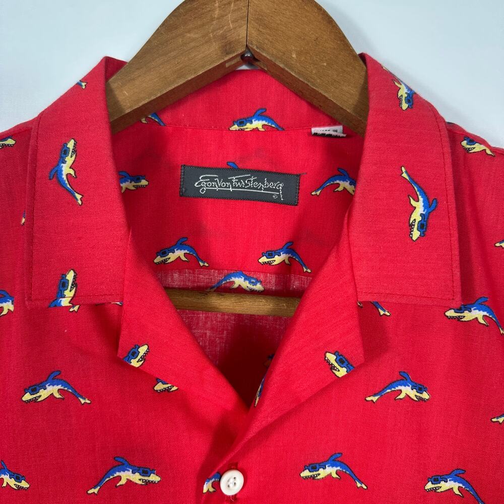 Vintage Egon Von Furstenberg Button-Up Shirt Red Cartoon Sharks Size L 16-16.5